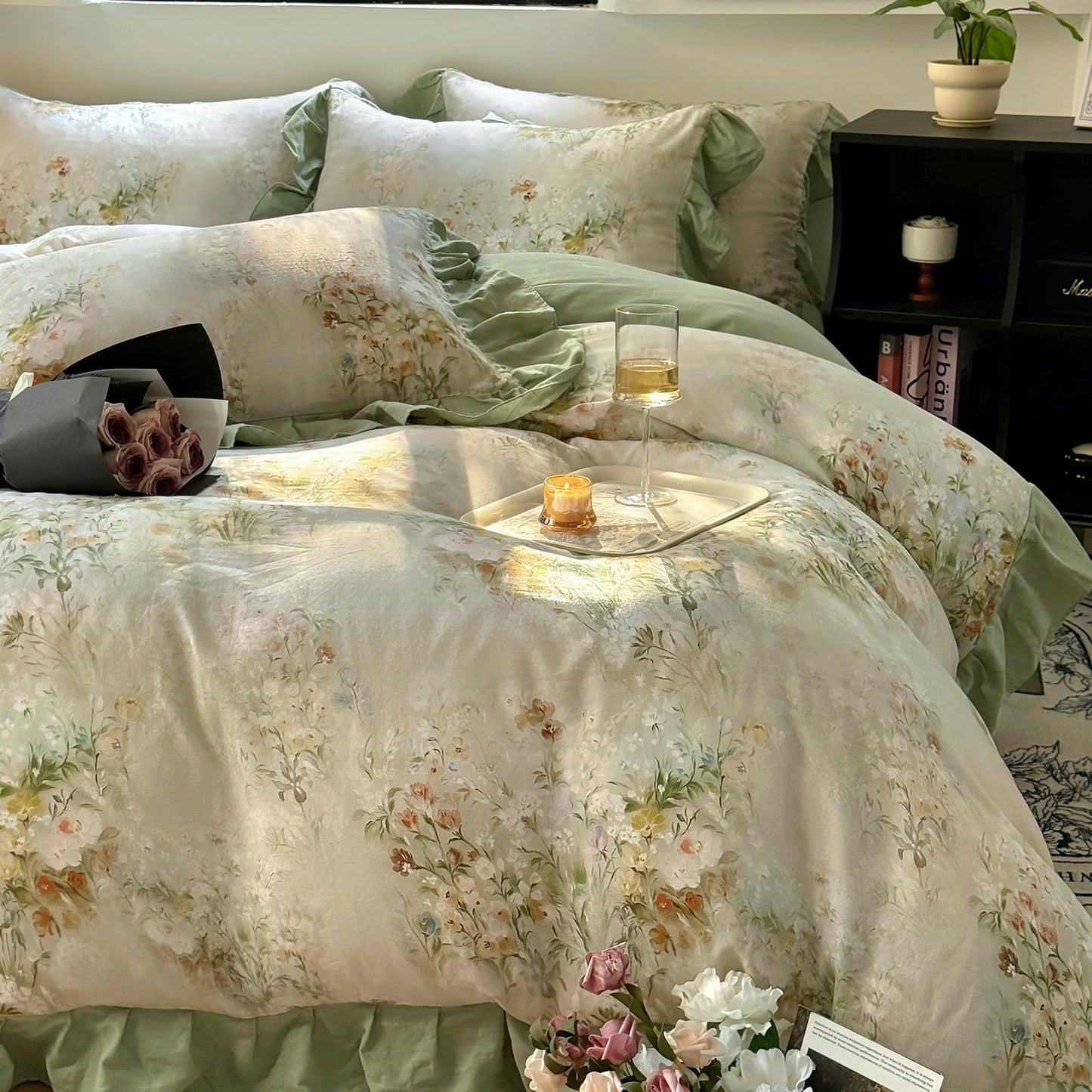 VM VOUGEMARKET Flower Duvet Cover Set, Sage Green Ruffled, Queen 90x90