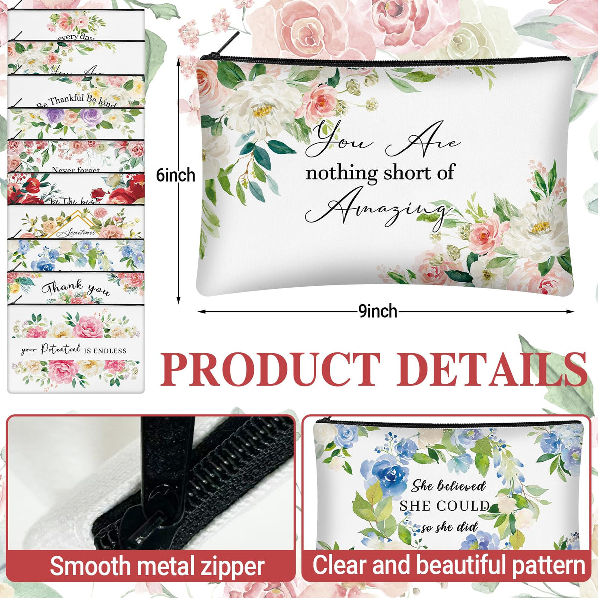 KOPOOEOE 40 Pcs Floral Inspirational Gifts Canvas Makeup Bags with Compact Mirrors Cosmetic Bags Thank You Pouch Bulk for Mothers Day Church Women Teacher Coworker Employee Gifts