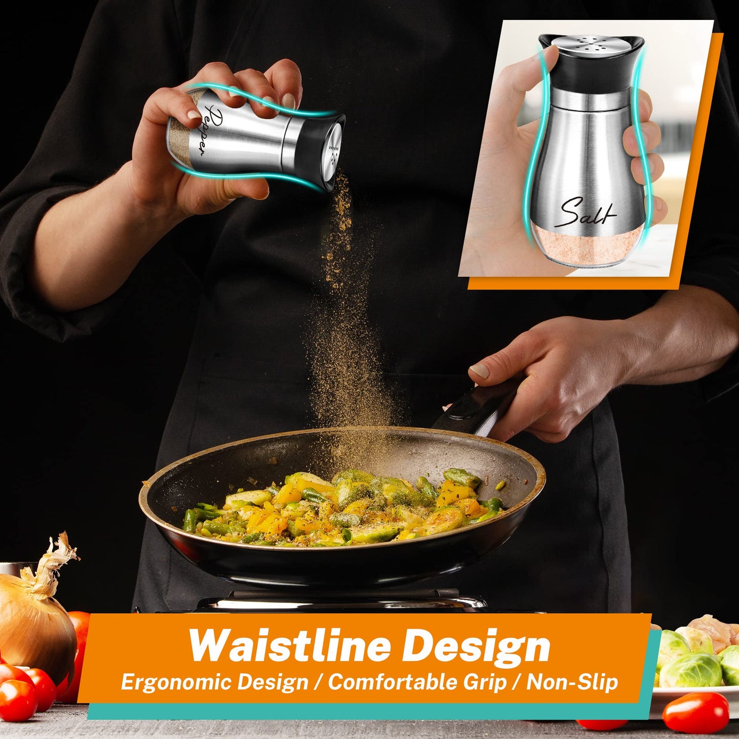 Salt and Pepper Shakers Set with Holder,4 oz Stainless Steel Salt Shaker with Glass Bottom Kitchen Gadgets for Counter Modern Decor Table,RV,Camp,BBQ Refillable Design (Silver)