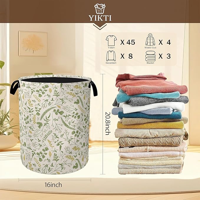 Green Herb Leaves Laundry Hamper, Rustic Wildflower Collapsible Laundry Baskets
