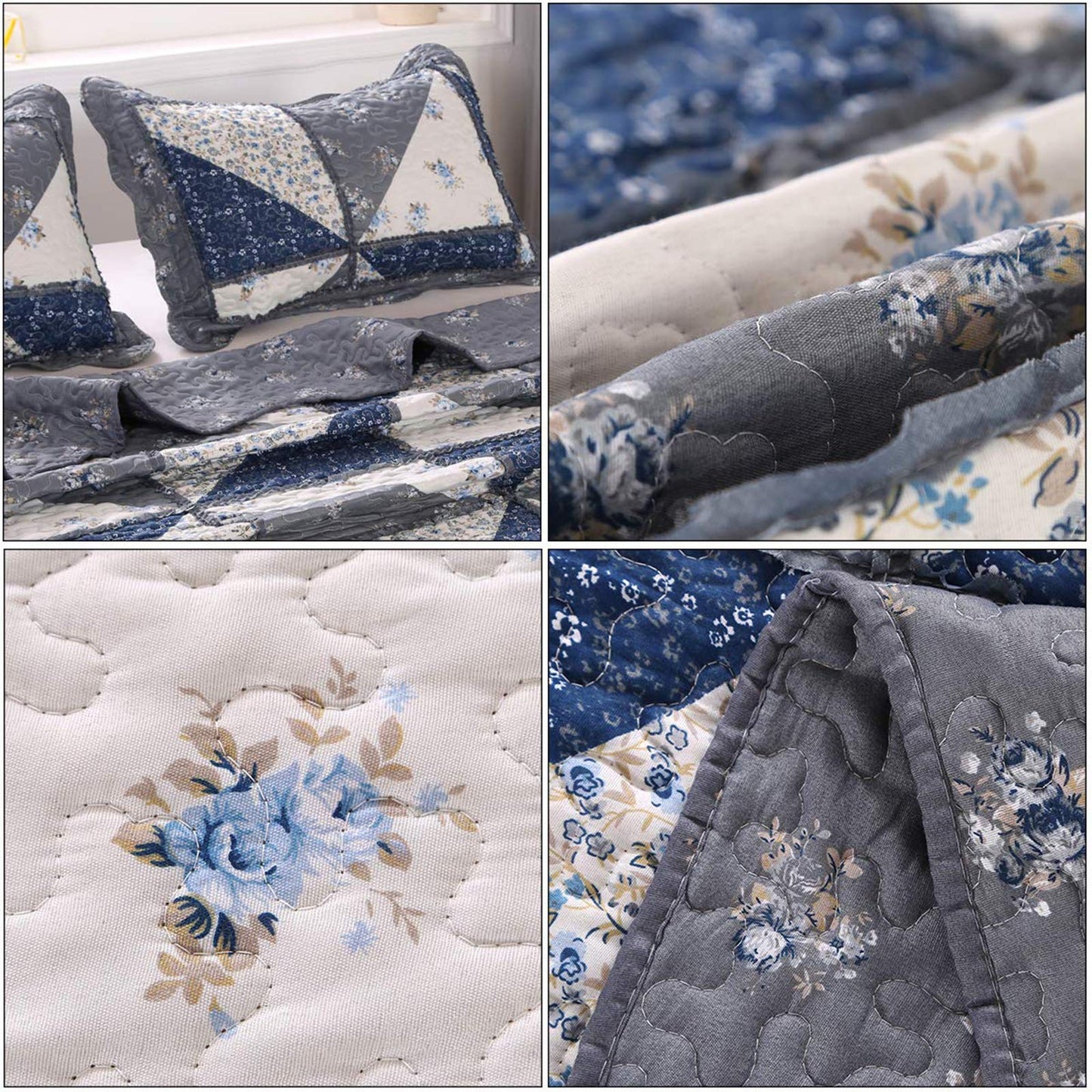 Full Queen Size Patchwork Quilt Set Grey Floral Reversible Quilted Bedspread Coverlet Set 3-Piece Lightweight Comforter Stitched Quilt Bedding Set Bed Sheet Set Cover Blanket with 2 Pillow Shams