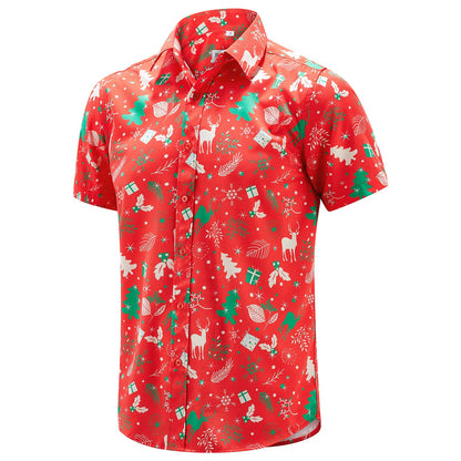 J&DHUASHA Christmas Hawaiian Shirt for Men Short Sleeve Button Down Santa Vacation Dress Shirts (Christmas Red, 3XL)