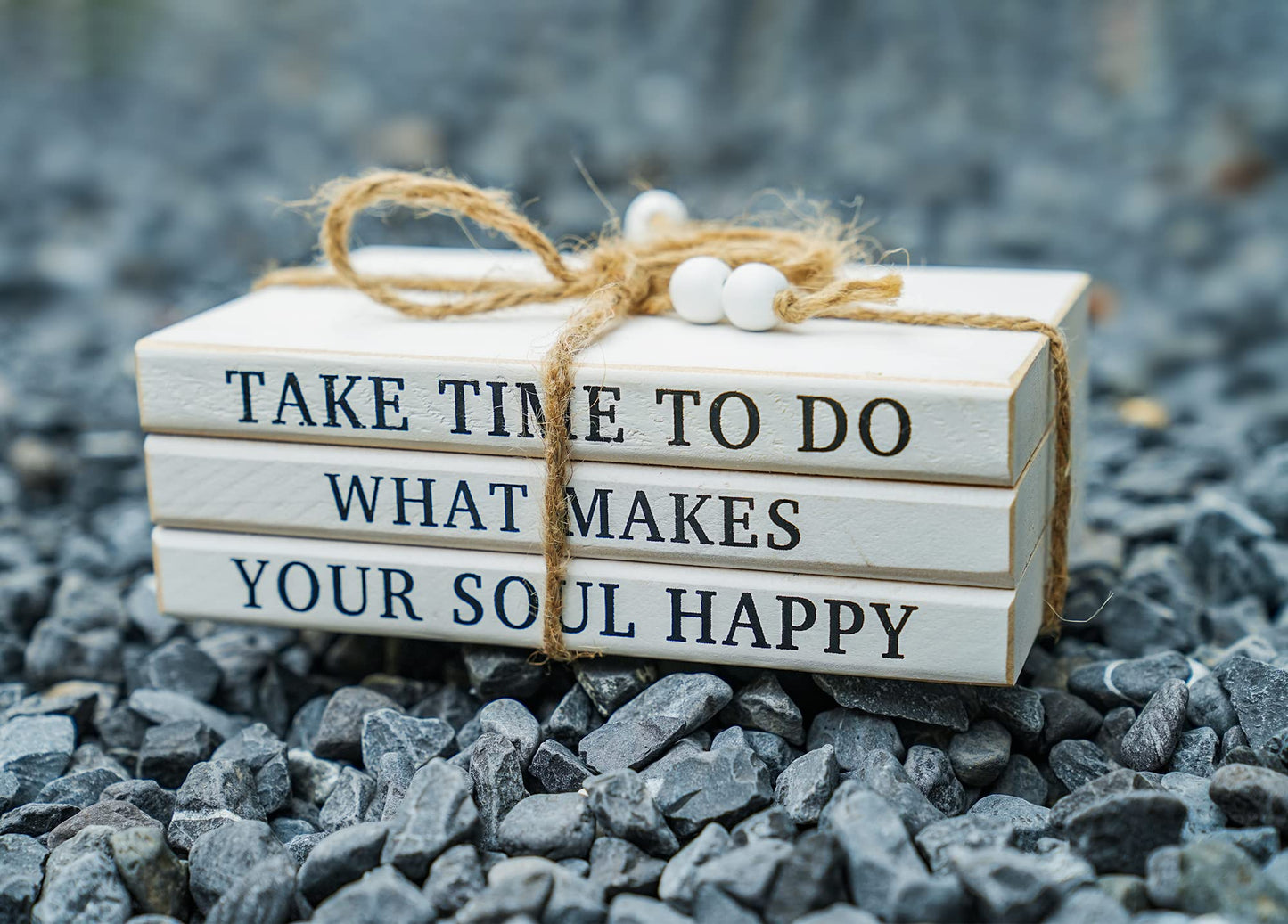 LARAINEIK 3 Pieces Wooden Decorative White Books, Rustic Farmhouse Faux Books for Coffee Table Shelves with Wood Bead Tassels and Leaves, 7'x 4.6'x 2.5' (Take Time to Do, What Makes, Your Soul Happy)