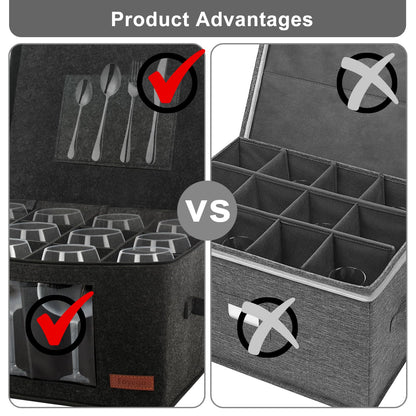 Foyego 2 Pack Wine Glass Storage Box with Dividers, Stemware Storage Containers for Packing and Moving, China Storage Containers Box for 12 Crystal Glassware, Wine Glasses, Drinkware,Dark Gray