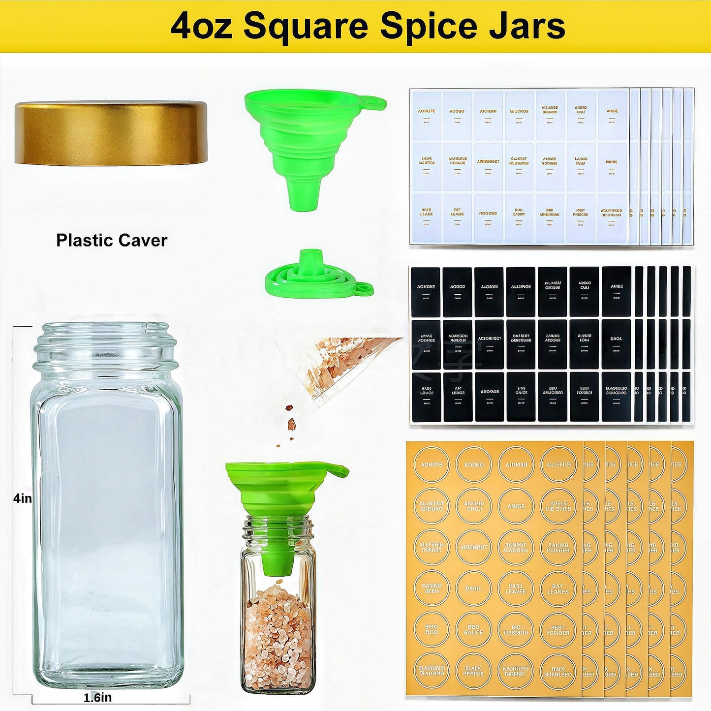 JARXSUN Glass Spice Jars with Label, 24Pcs Spice Jars with Shaker Lids-4 oz Gold Spice Seasoning Jars Bottles Containers Set for Spice Rack (24)