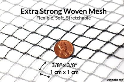AlpineReach Koi Pond Netting Kit 4.5m x 6m Black Heavy Duty Woven Fine Mesh Net Cover for Leaves - Protects Koi Fish from Blue Heron Birds Cats Predators UV Protection - Reusable & Stakes Included