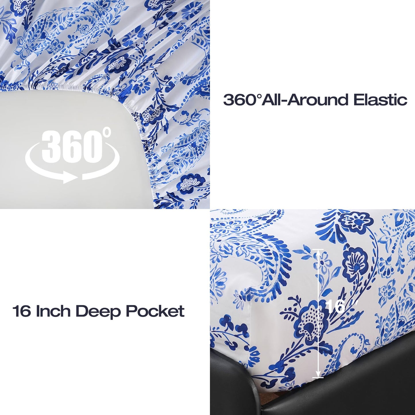 Yibeizi King Size Sheets Set Deep Pocket Blue Floral Bed Sheet Sets, Paisley Printed Soft Microfiber Oeko-Tex Hypoallergenic Sheets & Pillowcases Wrinkle Free Bedsheets