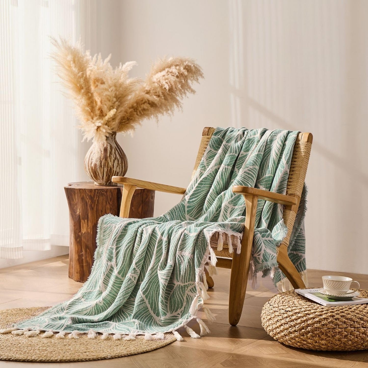 DOWN HOME Chenille Cotton Throw Blanket for Couch, Lightweight Boho Blanket for Bed Sofa Chair Living Room Outdoor Soft Woven Decorative Blanket with Tassel Gift Green Leaves 55"x60"