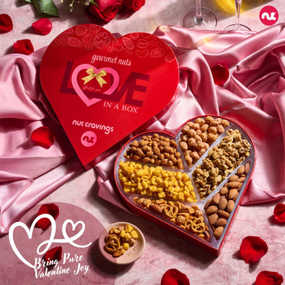 NUT CRAVINGS - Valentines Day Mixed Nuts Heart Shaped Gift Basket, Love in A Box (6 Assortments) Romantic Food Arrangement, Healthy Snack Care Package, Food Assortments