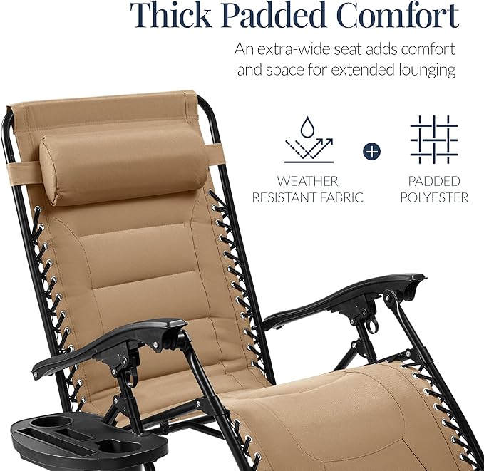 Best Choice Products Oversized Padded Zero Gravity Chair, Folding Outdoor Patio Recliner, XL Anti Gravity Lounger for Backyard w/Headrest, Cup Holder, Side Tray, Polyester Mesh - Beige