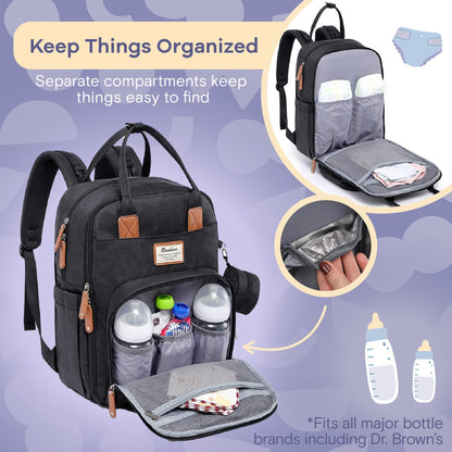 RUVALINO Baby Changing Bag Backpack, Neutral All-in-One Nappy Backpack for, Multifunction Baby Bags with Portable Changing Pad, Stroller Straps, Pacifier Case and Insulated Pockets, Black