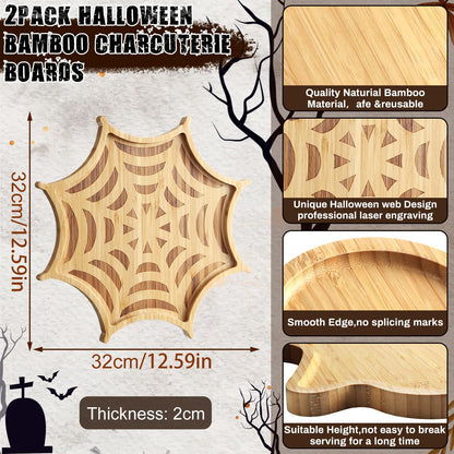 Sintuff 2 Pcs Halloween Charcuterie Board Funny Bamboo Wood Cheese Platter Tray Dinnerware Cookware Serving Tray Plates for Candy Cookie Home Party (Web, 12 x 12 x 0.8 Inch)