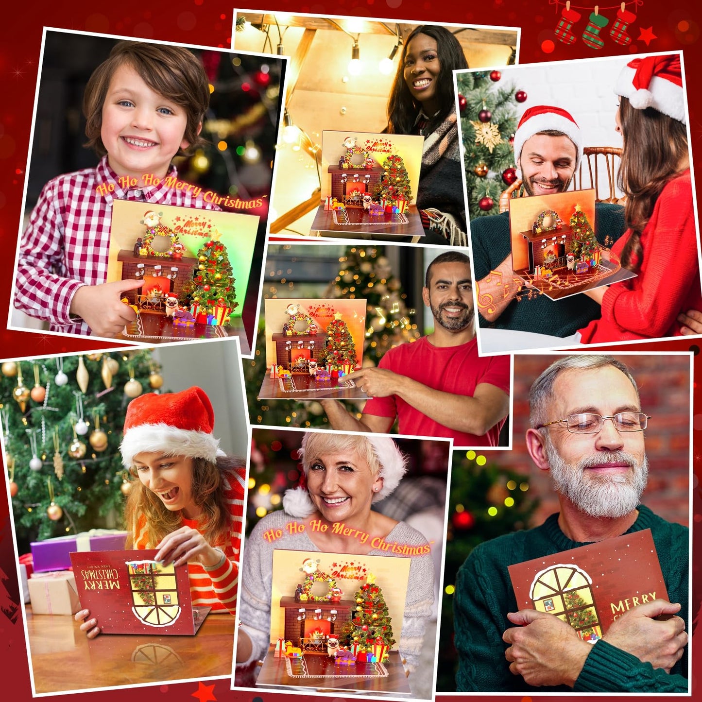 FITMITE Christmas Card Pop Up with Light and Music 3D Santa Fireplace Merry Christmas Greeting Card with Envelope for Kids Girls Women Man Christmas Gift
