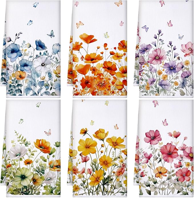 Geyoga 6 Pcs Spring Floral Kitchen Towels Flamingo Dish Hand Towels Sunflower