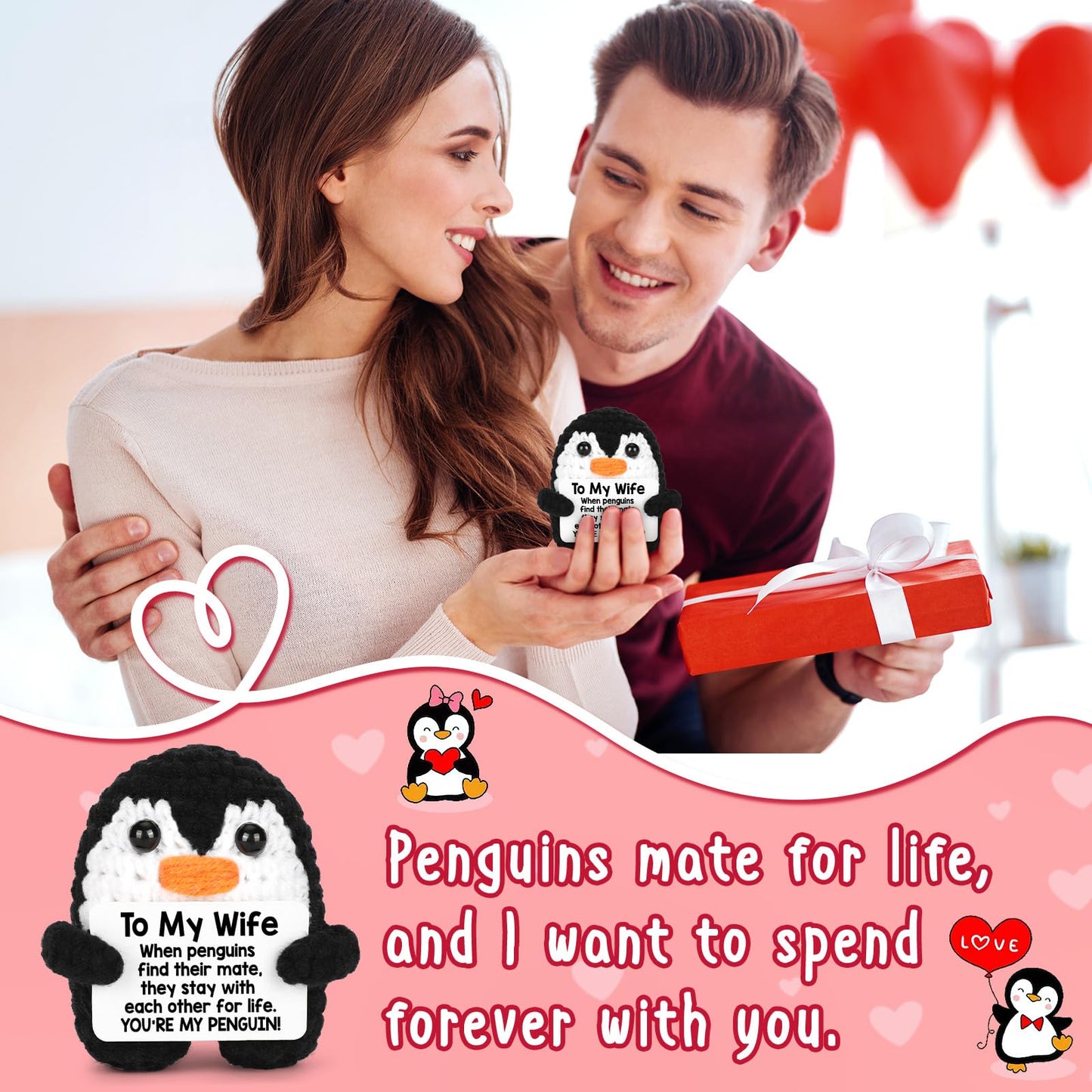 Valentines Day Gifts for Her Wife from Husband Birthday, To My Wife Handmade Crochet Emotional Mini Funny Penguin, Romantic Wedding Anniversary Valentine Gifts for Women Her, Small Love Sign Decor