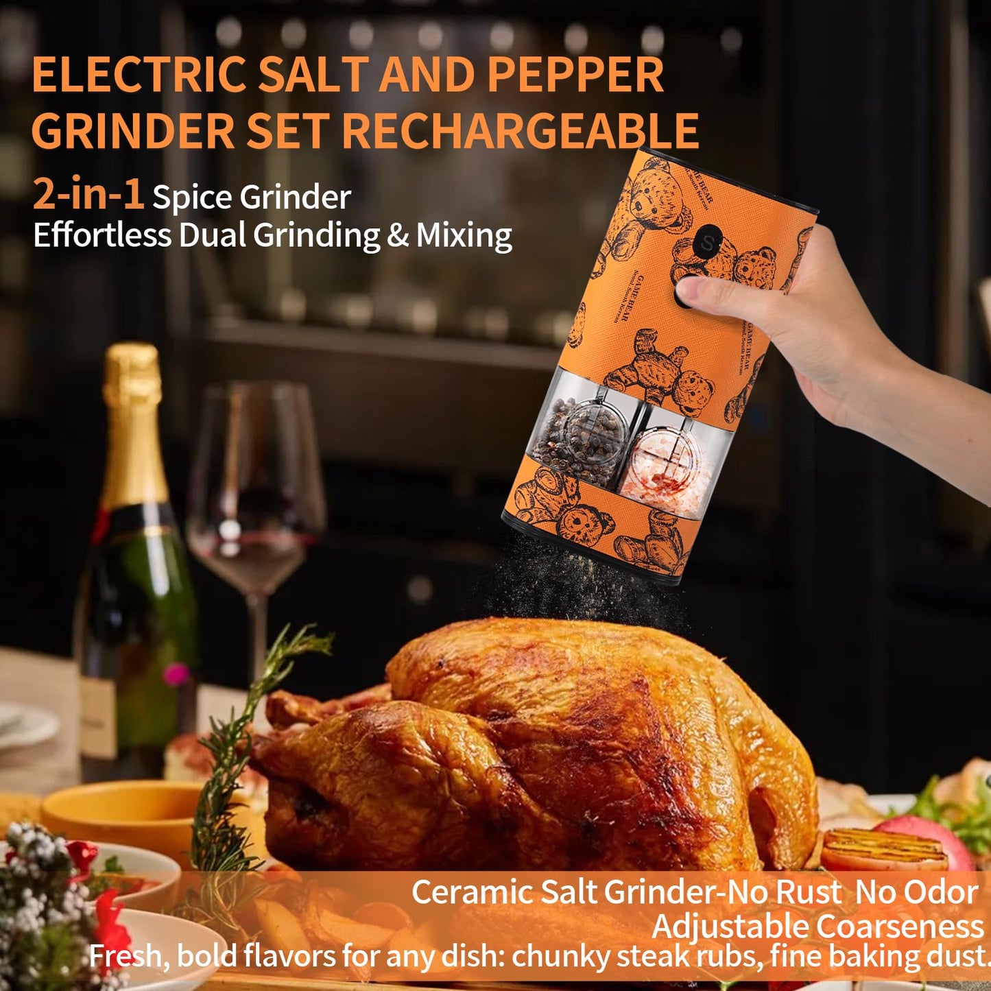 Dual Chamber Salt and Pepper Grinder Set Rechargeable,Electric Pepper Grinder USB-C,One-Hand Control Automatic Salt Mill Shakers,Ceramic Adjustable Coarseness,Large Capacity LED for Kitchen Home Gifts