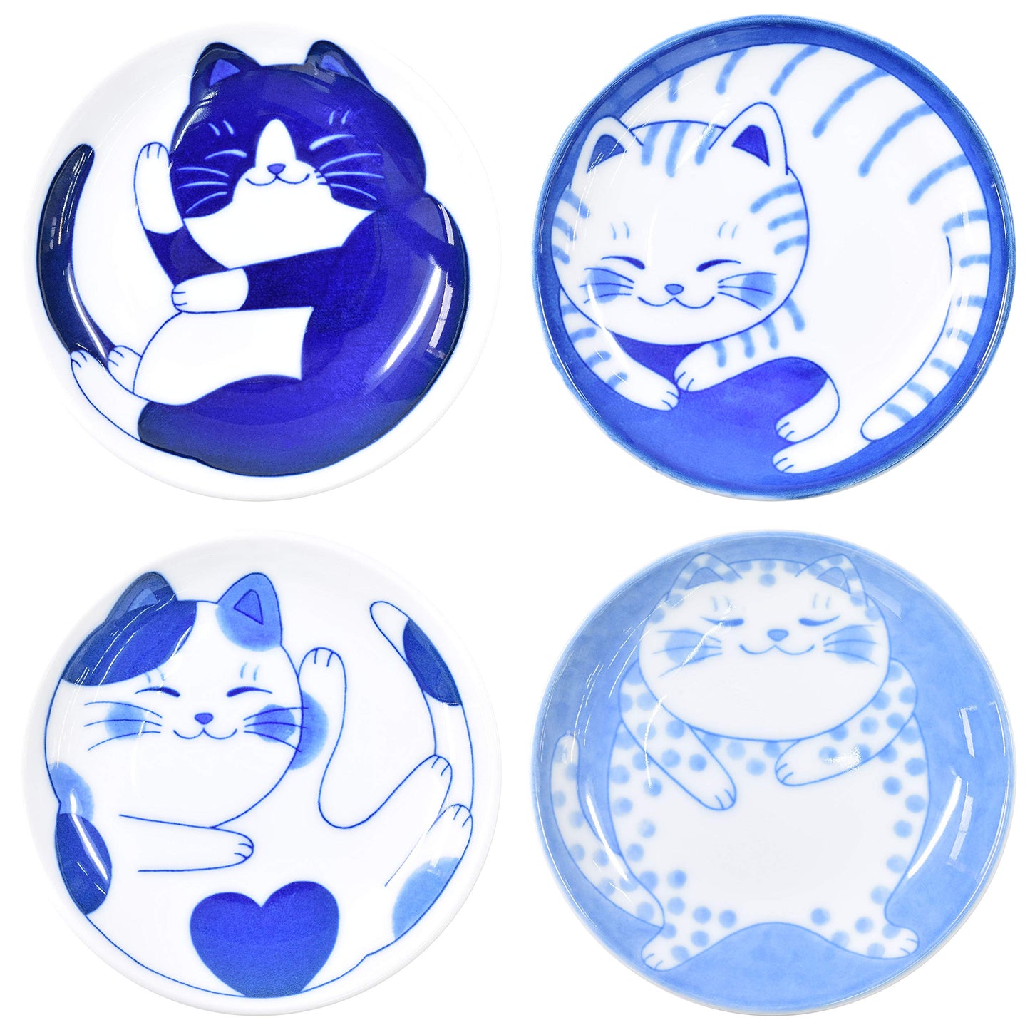 Mino Ware Japanese Mini Side Condiment Plate, Sushi Soy Sauce Fruit Cake, NEKOCHIGURA Cat Design, 3.9 inch, 4 Pattern Set