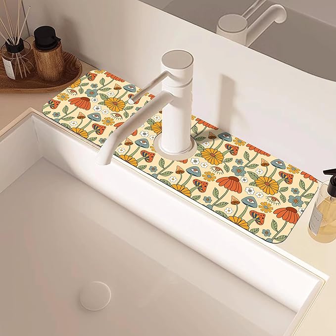 Abstract 70s Mushroom Floral Sink Faucet Absorbing Mat Sink Splash Guard Faucet