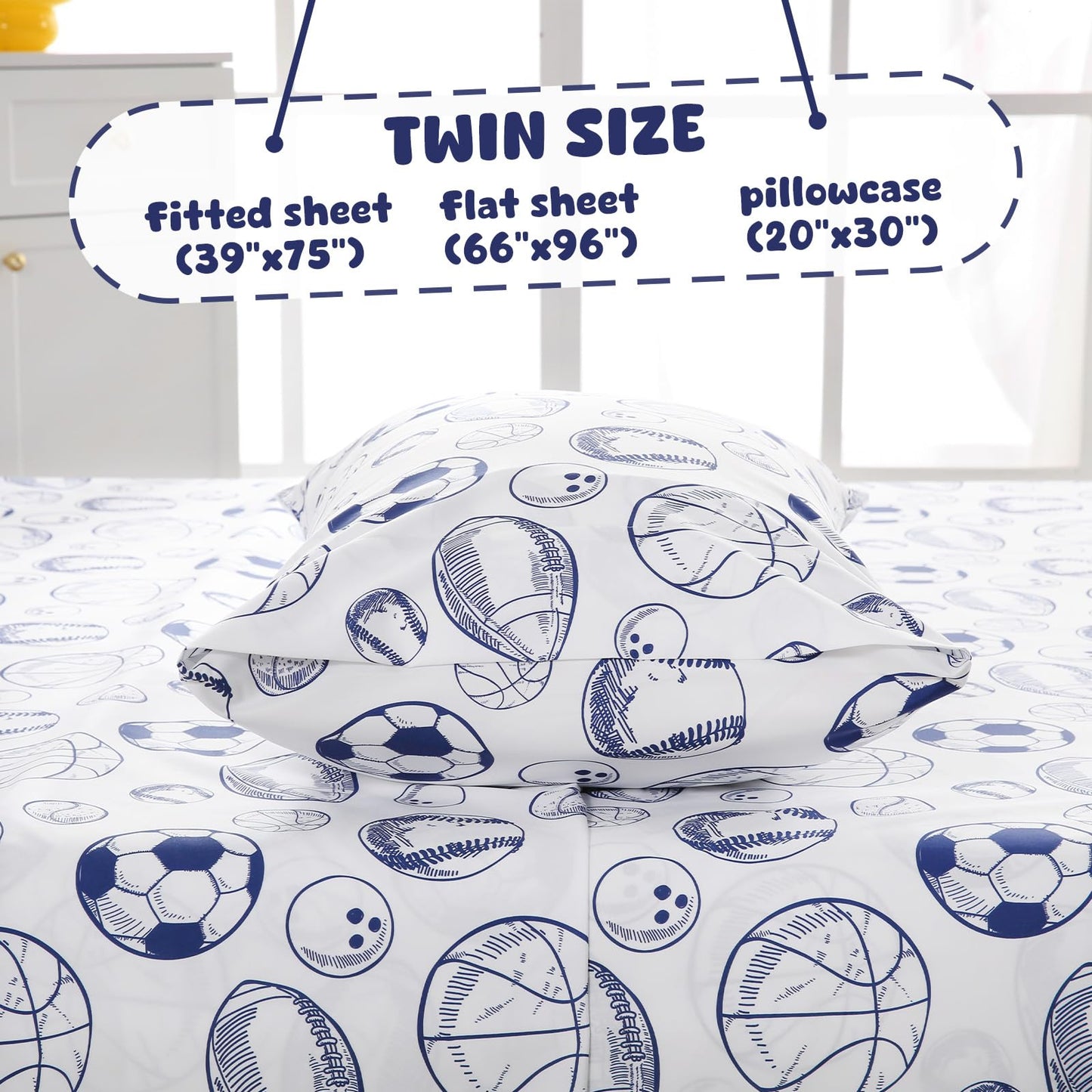 LONAVA Twin Sheet Set Kids - 3 Pieces Soft Microfiber Cartoon Style Bedsheets for Boys Girls Teens, Oeko TEX, Breathable Deep Pocket Sheets, (Ball Sports)