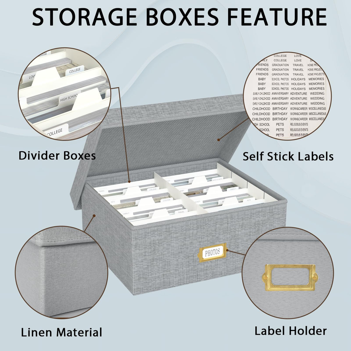 Decorative Photo Storage Box - Linen Photo Box Organizer with Dividers, Fits Holds Up to 1700 Pictures and 4x6 Photos, Memory Keepsake Organizer for Photos, Scrapbook Supplies, Cards, Stamps (Grey)