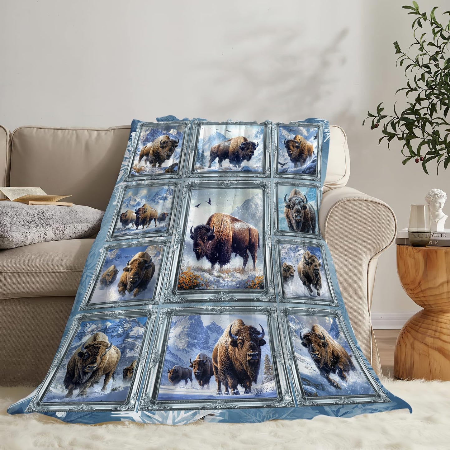 Bison Blanket Soft Fuzzy Fleece Snow Mountain Wild Animal Throw Blankets Decor Cozy Warm Plush Flannel Blanket Gifts for Boys Girls Men Women Home Chair Sofa Couch Bed 50"X40"