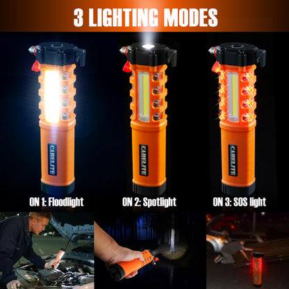 Emergency Car Flashlight with Seatbelt Cutter and Window Breaker, LED Work Light & Flash Beacon, Life-Saving Car Escape Tool for Roadside Safety (Orange)