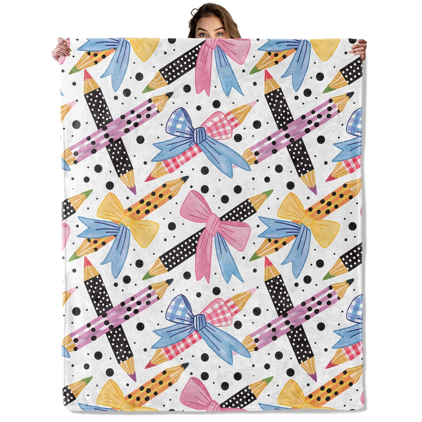 Cute Pencil and Bow Blanket 40x50 in, Flannel Throw Blankets for Travel Camping Sofa Living Room Decor, Lightweight Cozy Soft Fuzzy Gifts for Women Adults Kids