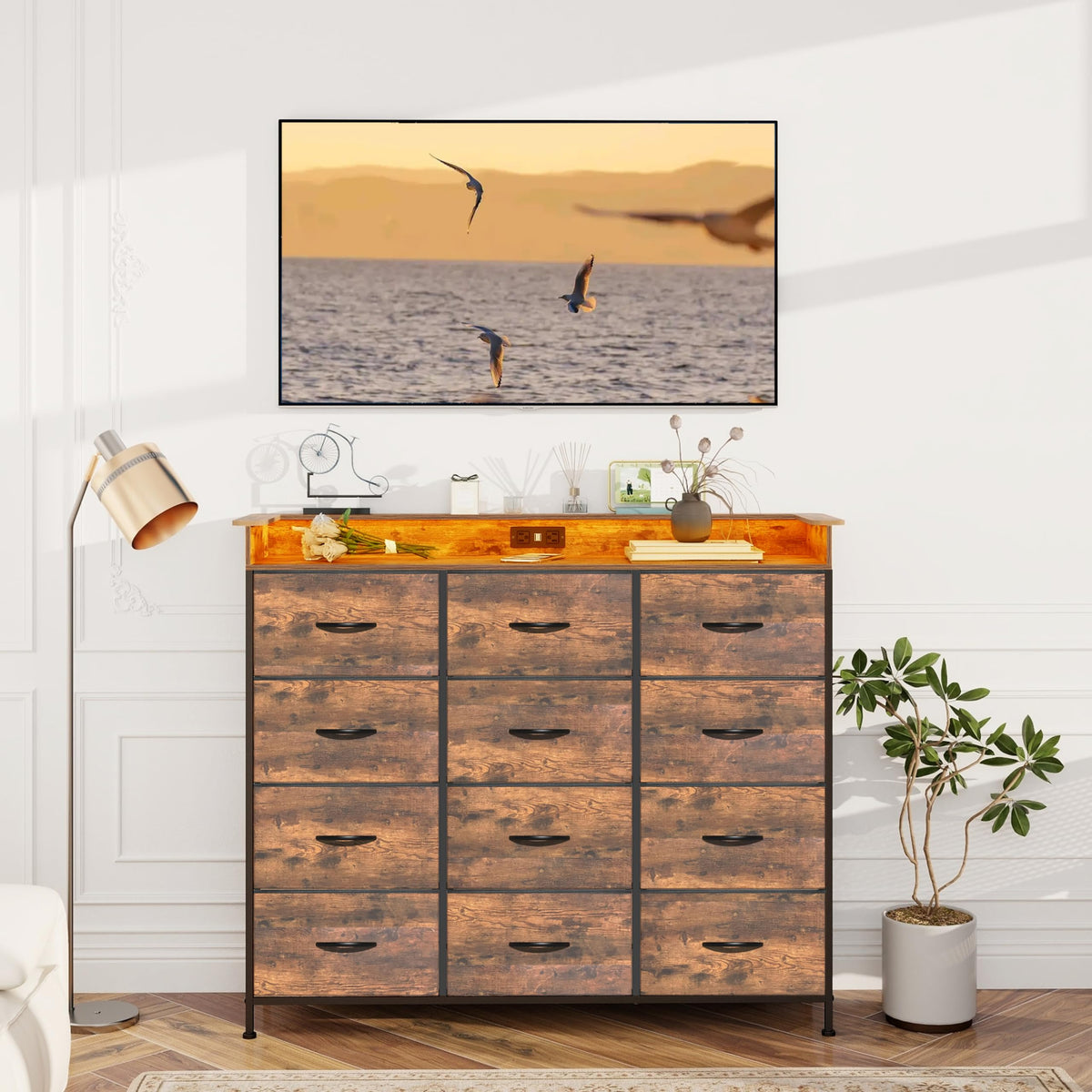 Welfuturer Dresser for Bedroom with 12 Drawers Clothes Dresser with Charging Station and LED Light Fabric Storage Tower for Living Room Hallway Closet Sturdy Steel Frame Wooden Top Rustic Brown