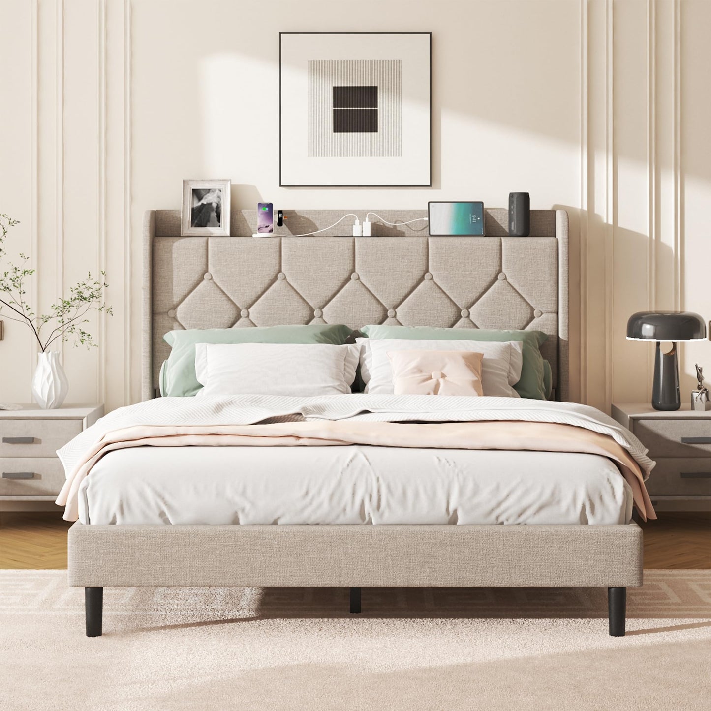 Lcwtvgxr Full Size Bed Frame with Diamond Tufted Linen Headboard & Storage Shelf, Commercial-Grade Platform Bed with Wood Slats & Sturdy Metal Frames, No Box Spring Needed, Easy Assembly, Beige