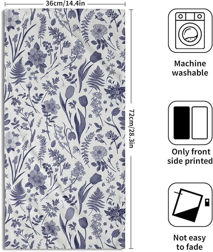 Spring Floral Hand Towels for Bathroom Set of 2 Blue White Flower Leaves