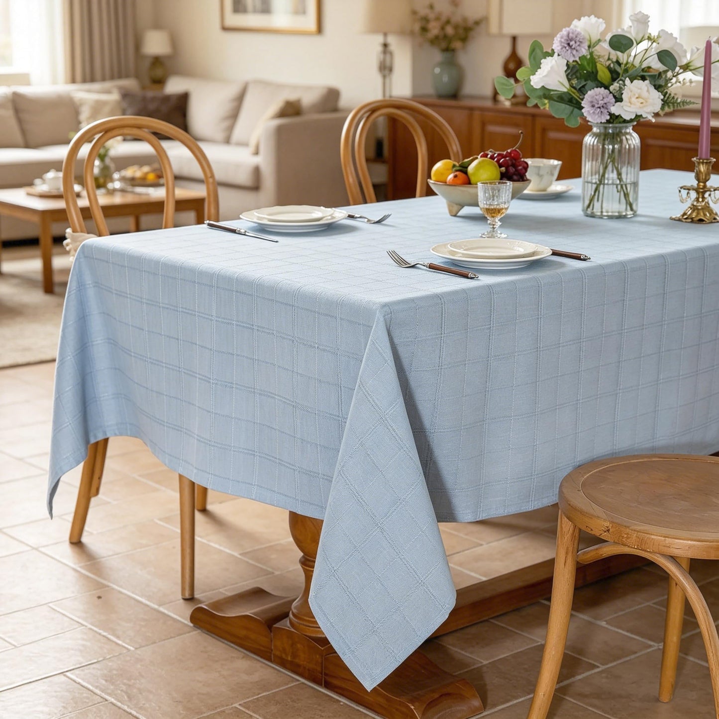 Laolitou Blue Checkered Table Cloth Rectangle Table Gingham Textured Cotton Linen Tablecloth Wrinkle Free Stain Resistant Plaid Table Cover for Dining Kitchen, 60"X84"