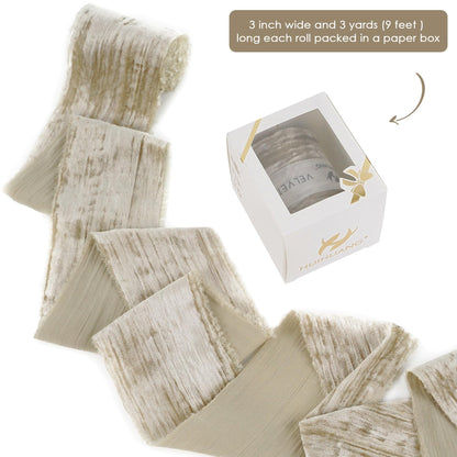 HUIHUANG Taupe Velvet Crinkled Frayed Ribbon - 3 Inch Wide Champagne Fringe for Wreaths, Christmas Tree, Flower Bouquet, Gift Wrapping, Wedding & Bridal Shower Decor