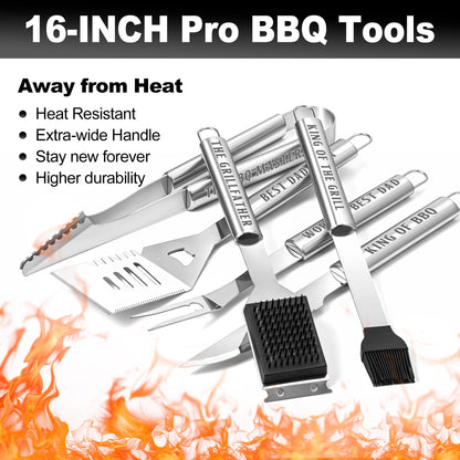 Dad Gifts, Dad Birthday Gifts from Daughter Son Heavy Duty Grilling Accessories Kit for Backyard BBQ, Thick Stainless Steel Grill Utensils with Non-Slip Handle Tool for Man on Christmas