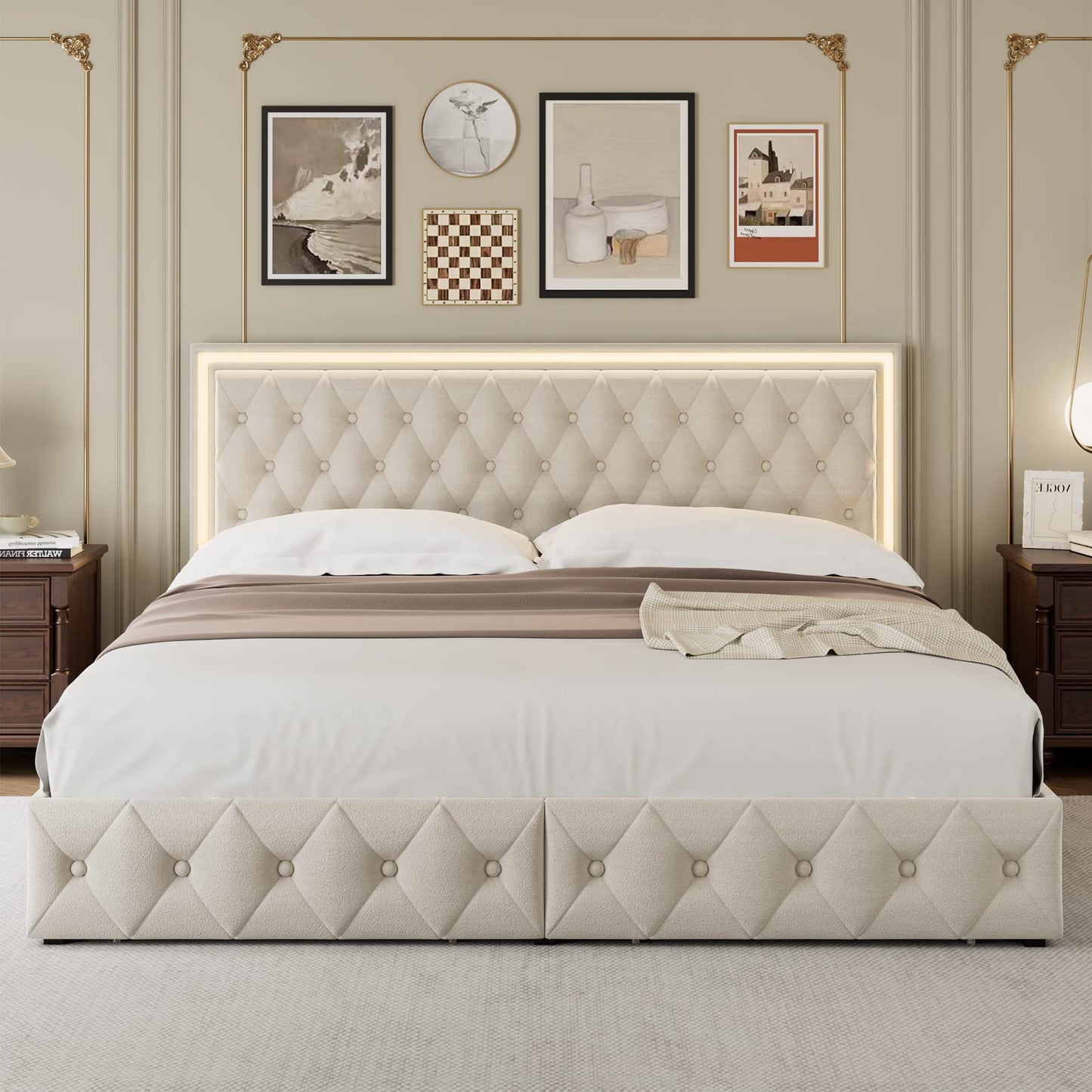 Keyluv Queen Size LED Bed Frame with 4 Storage Drawers and Adjustable Headboard, Velvet Upholstered Button Tufted Modern Platform Bed, Solid Wooden Slats Support, Easy Assembly, Beige