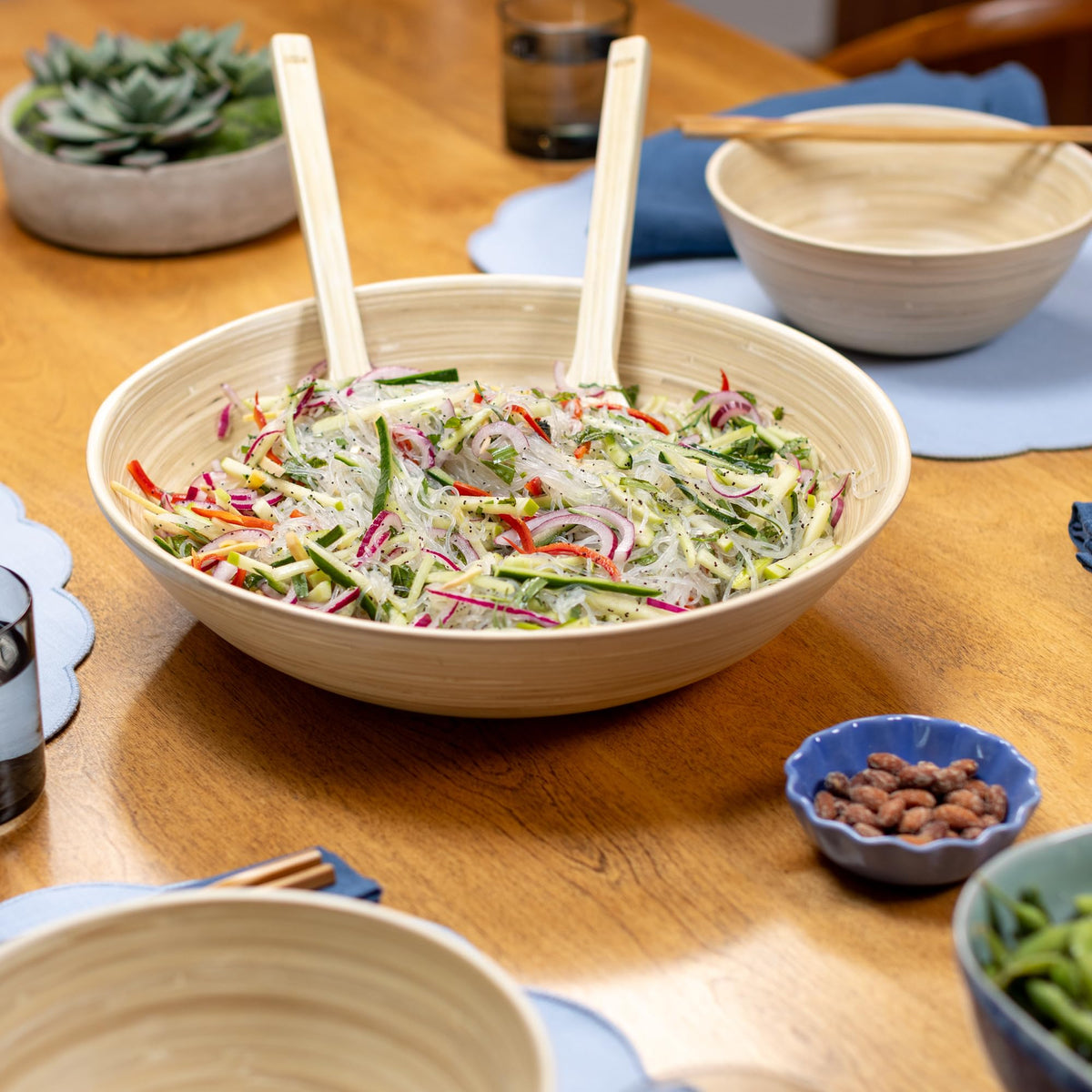 LEXA 14" Handmade Bamboo Salad Bowl – 130 oz Large Wooden Fruit Bowl for Kitchen Counter, Natural Bamboo