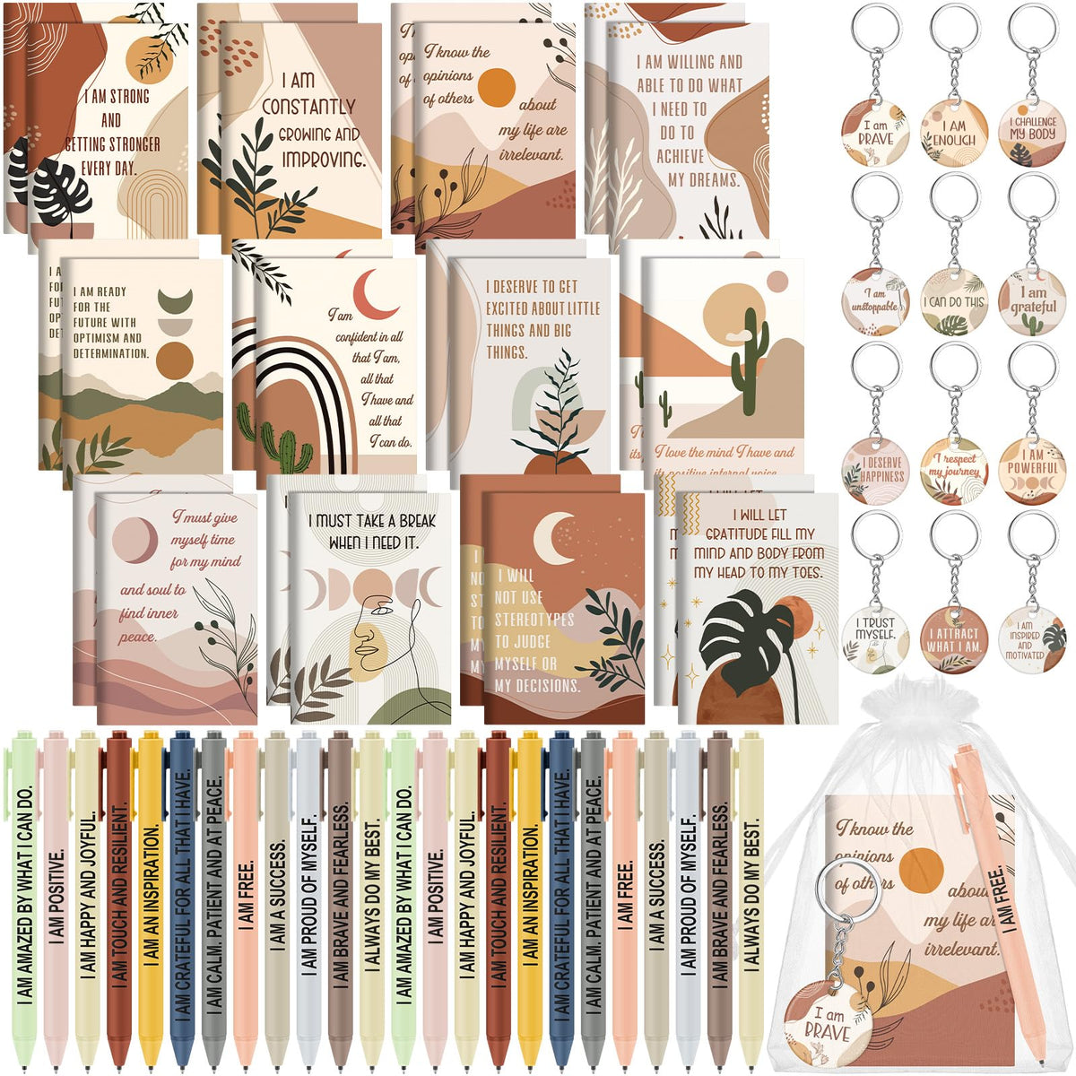 Mooliwe 72 Pcs/24 Set Positive Affirmation Gift Set Gratitude Notebooks with Pens Acrylic Keychains Small Bags Motivational Notepads for Women Coworkers Christmas Adults Party Favors (Boho)