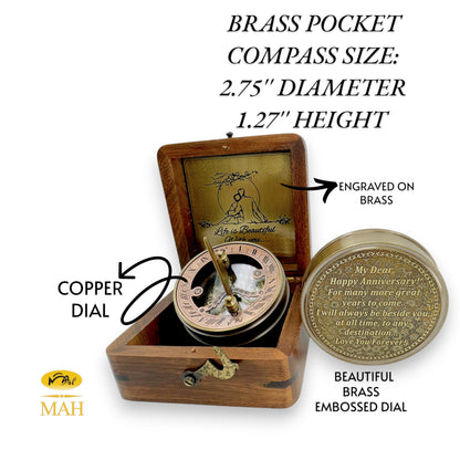 Anniversary Brass Sundial Compass Gift for Him or Her – Keepsake for Husband, Wife or Couple – 50th 40th 25th 20th 1st Year Wedding or Love Celebration – Engraved or Embossed Romantic Quote Compass