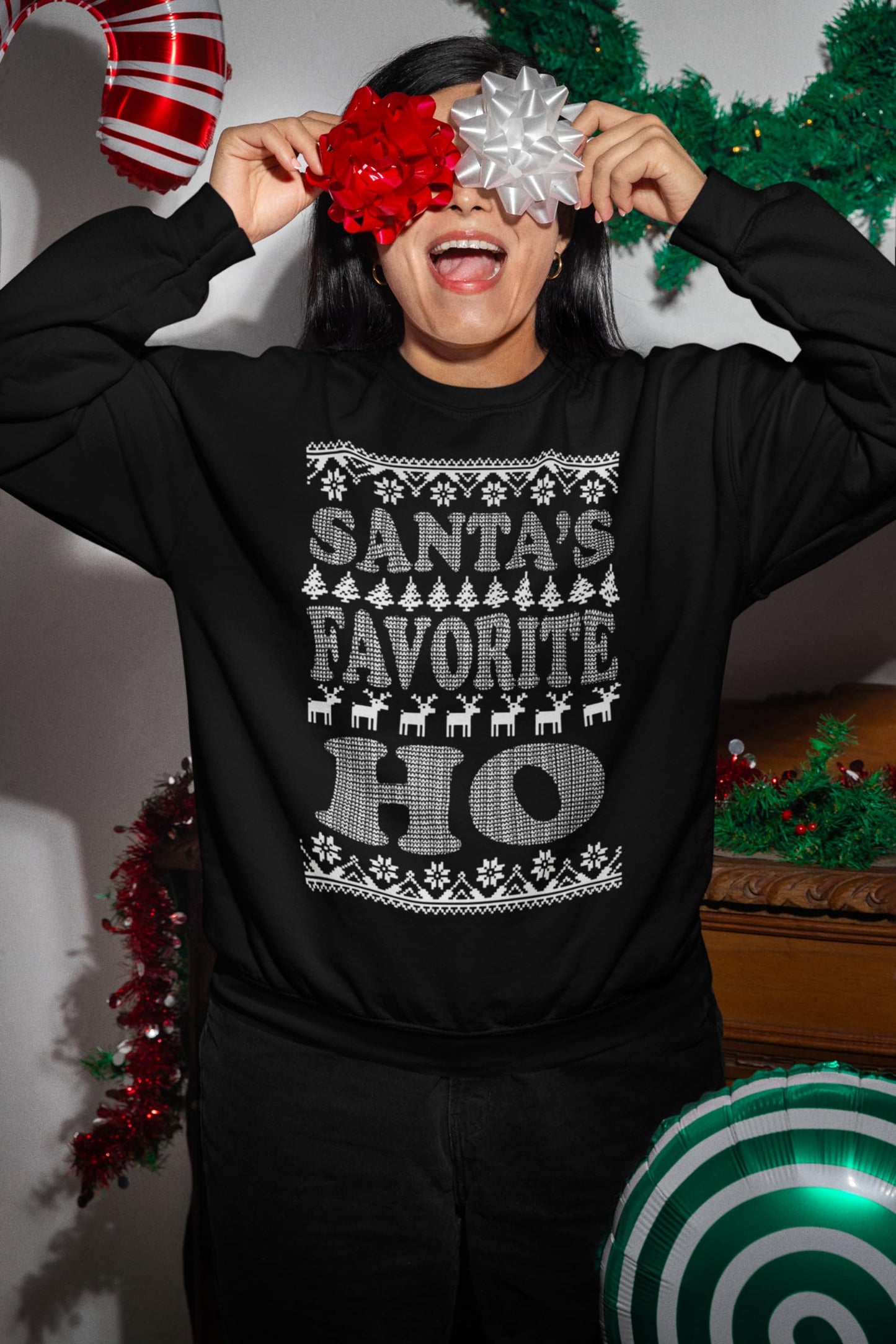 shop4ever Santa's Favorite Ho Crewnecks Ugly Christmas Sweatshirts Large Black 13771