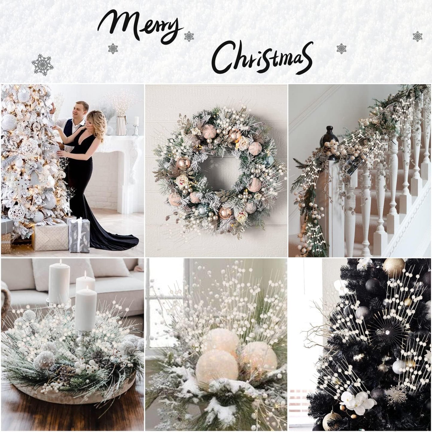 Megoogo 12 PCS Artificial Glitter Berry, White Christmas Glitter Picks Artificial Berries Stems for Christmas Ornaments Fake Sticks for Vases Tall DIY Wreath Home Decor (15.8’’)