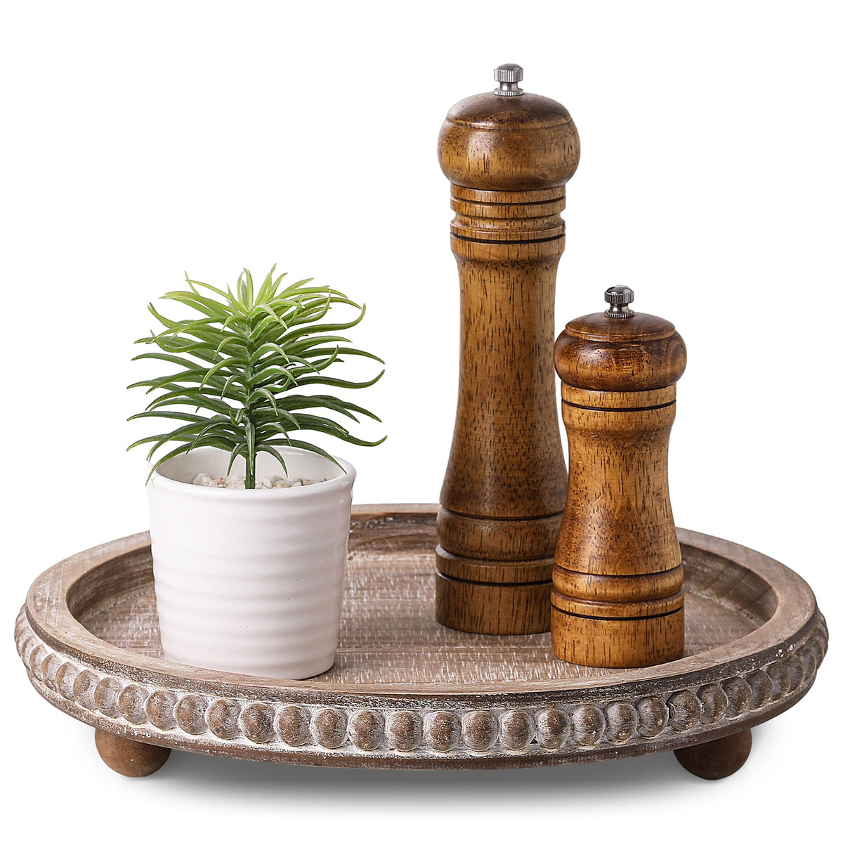 Nacidooka Wooden Coffee Table Tray Decor, Round Decorative Tray Brown Beaded Distressed Rustic Farmhouse Centerpiece for Dining Room Entryway Kitchen Counter Candle Holder Organizer