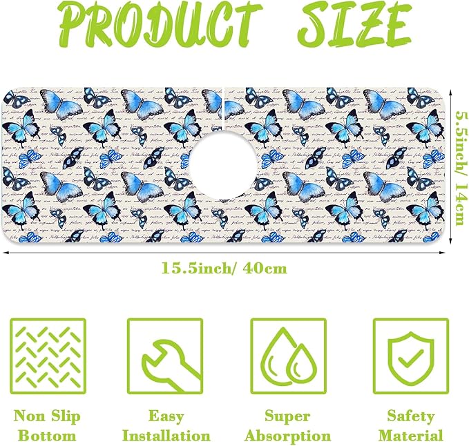 Sink Splash Guard Faucet Mat Watercolor Butterflies Absorbent Fast Drying Mat