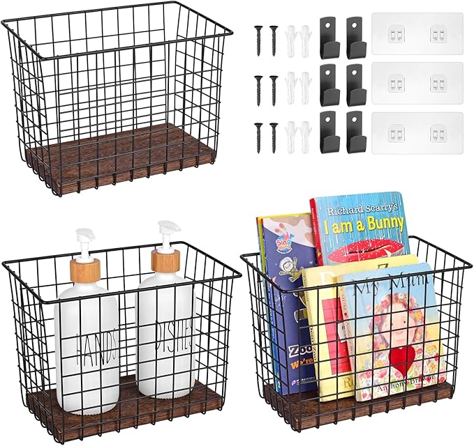 Wall Hanging Baskets 3 Pack, Diversified Wire Basket Shelves of Wooden Style