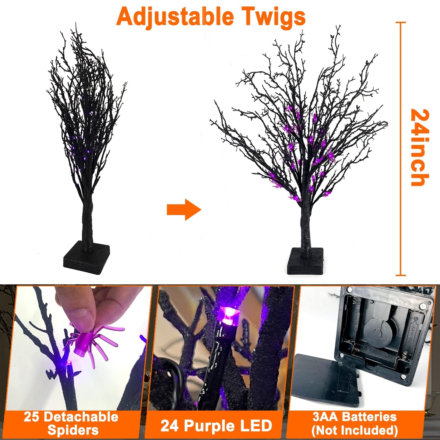 TURNMEON 2FT Prelit Halloween Black Tree Decor with Timer, 25 Spider & 24 Purple Lights Battery Operated Spooky Artificial Tree for Halloween Decorations Indoor Tabletop Fireplace Home Holiday Party