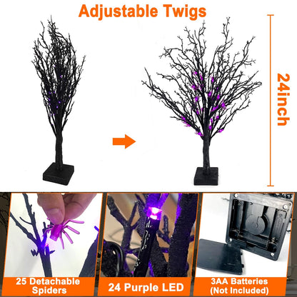 TURNMEON 2FT Prelit Halloween Black Tree Decor with Timer, 25 Spider & 24 Purple Lights Battery Operated Spooky Artificial Tree for Halloween Decorations Indoor Tabletop Fireplace Home Holiday Party