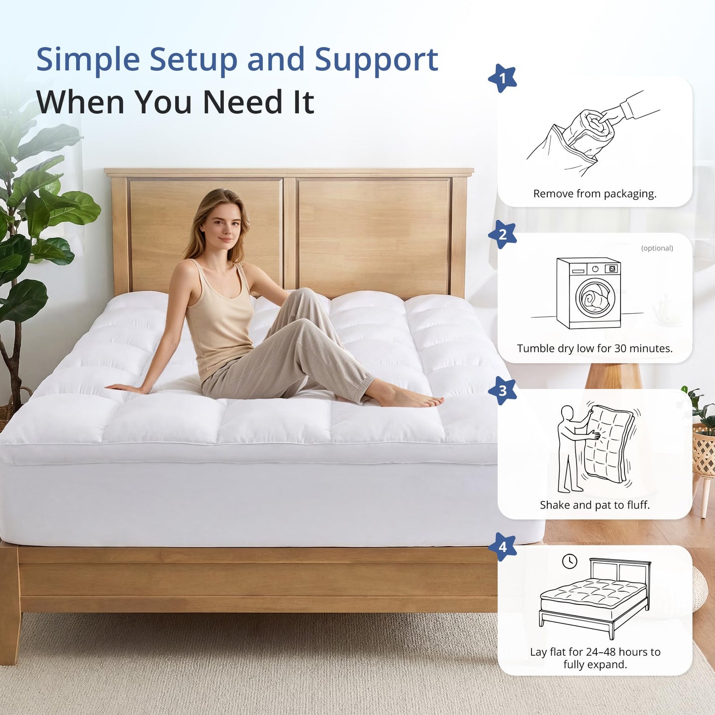 EGOHOME Queen Mattress Topper for Back Pain Relief, Comfort Pillow Top Mattress Pad Make Mattress Soften, Washable Mattress Pad with Deep Pockets up to 21 inch