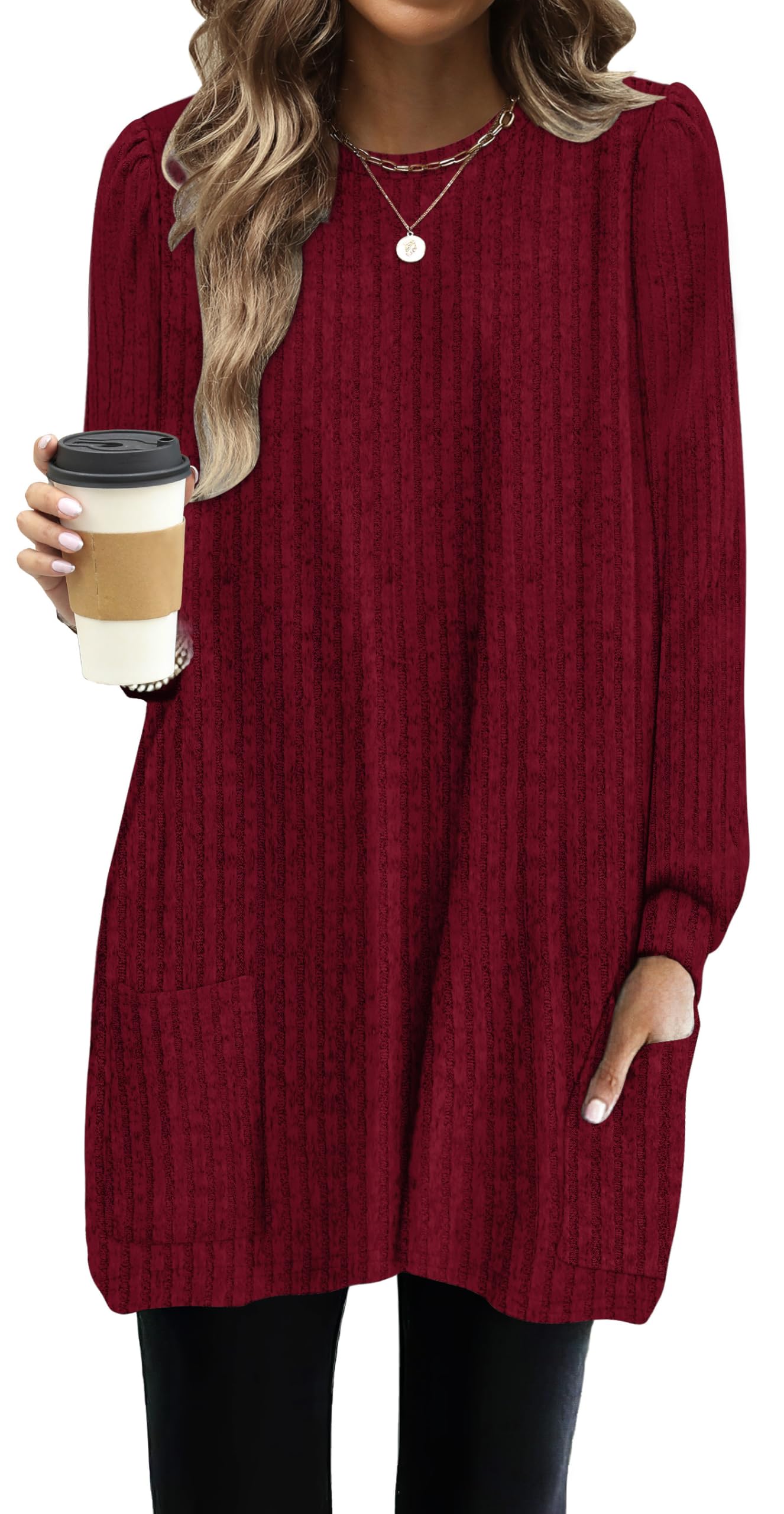 OFEEFAN Long Sleeve Shirts for Women Long Sweaters with Pockets Tunic Tops Loose Fit