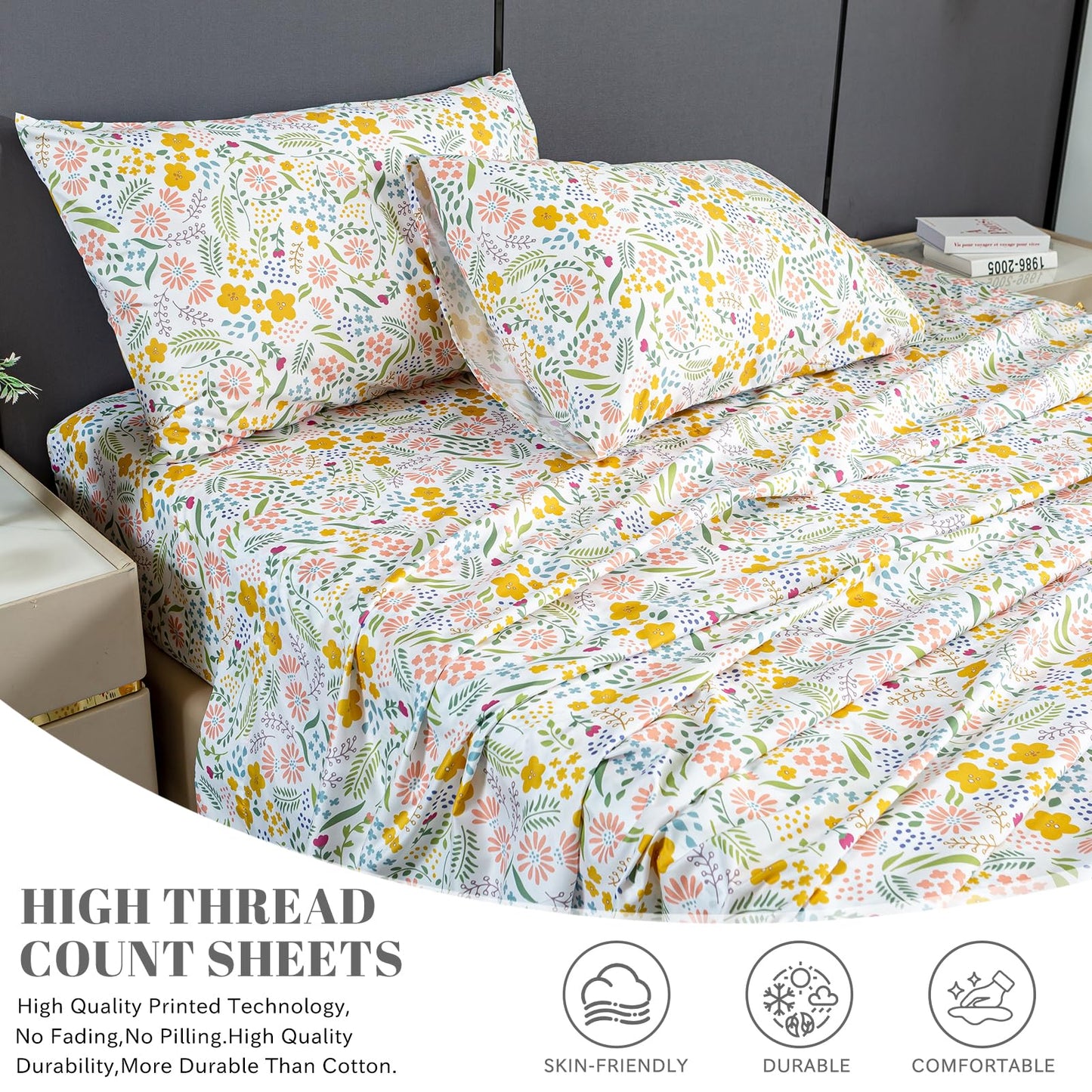 Bedlifes King Sheet Set Ultra Soft, Breathable, Silky Flower Deep Pocket 100% Microfiber Bedding, 4 Piece King Size Floral