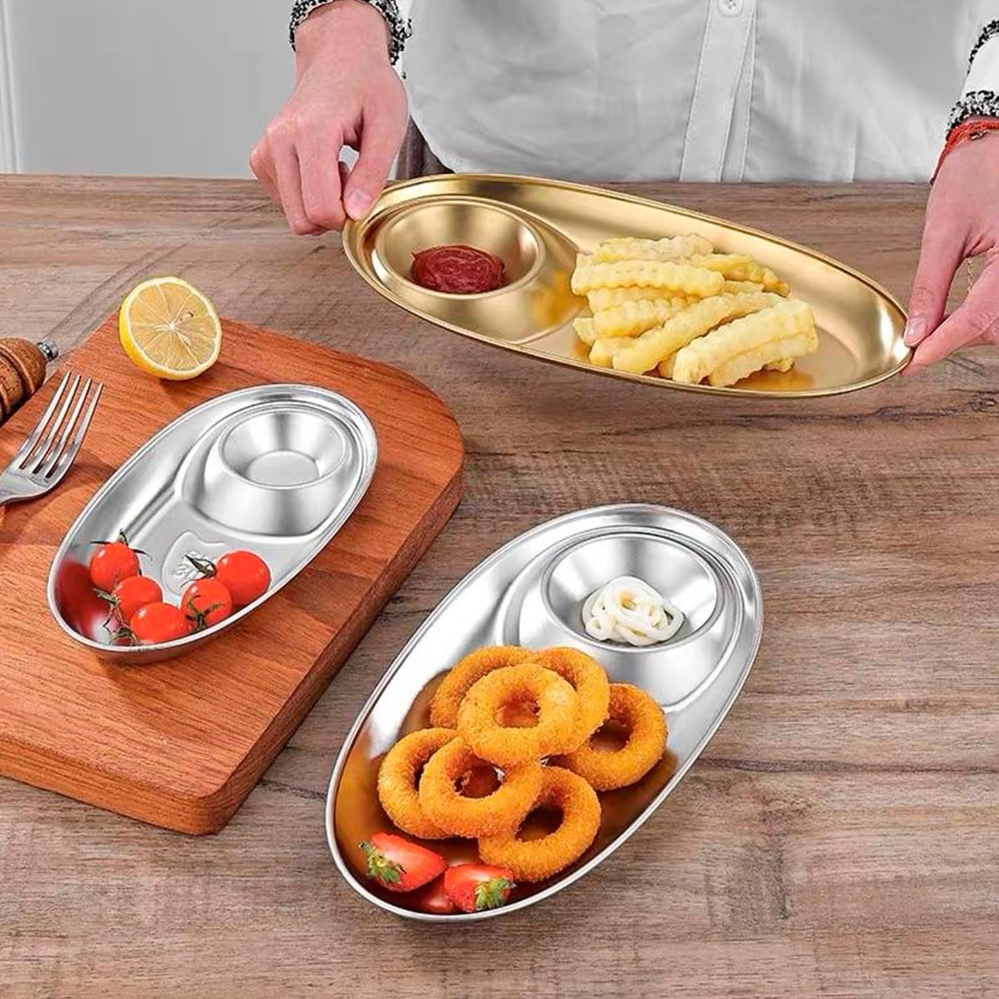 Hapivida 2Pcs Chip and Dip Serving Platter Set, Divided Snack Plates Set Sushi Plates with Sauce Section for Party Appetizer Salad Snack Veggies Fruit Taco