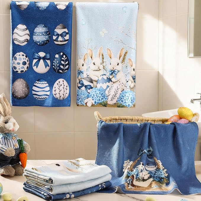Breling Set of 6 Easter Decorations Easter Kitchen Towels Blue Rabbits Bunny