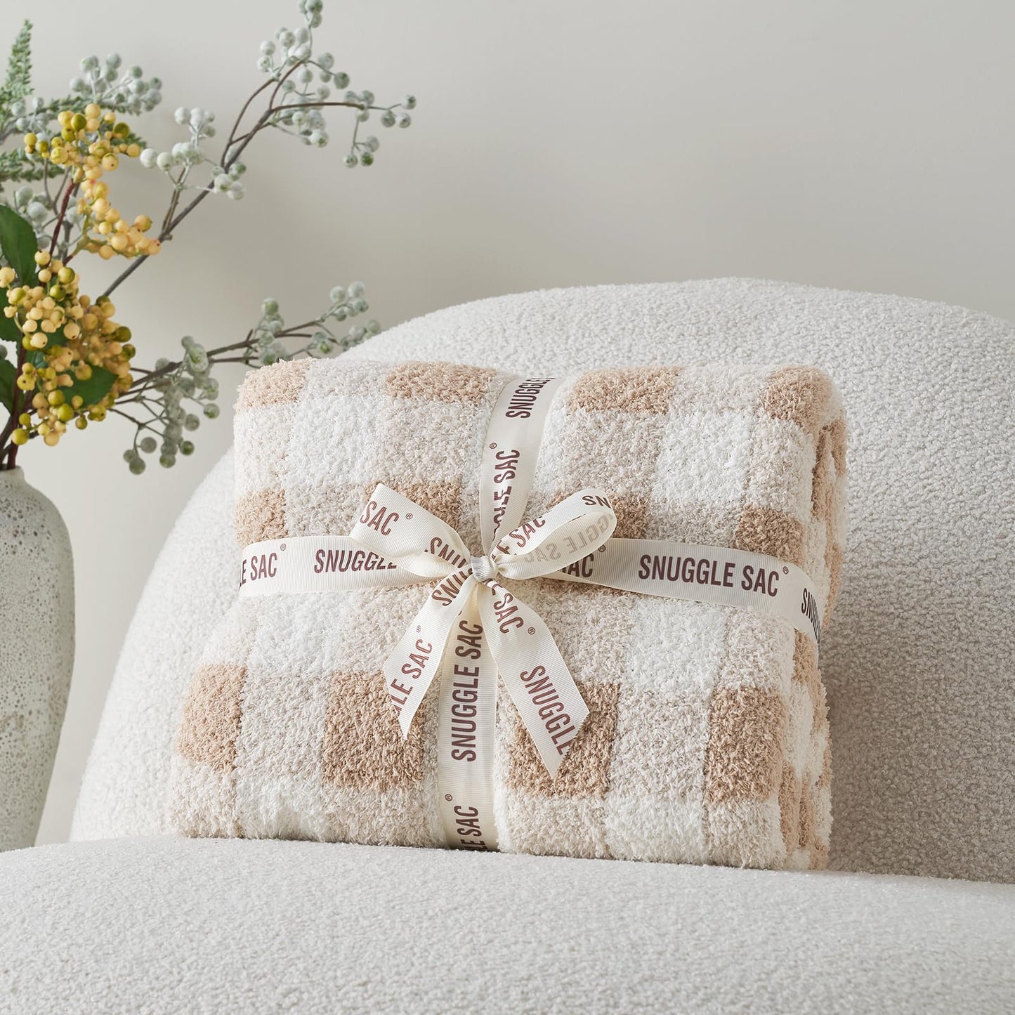 Snuggle Sac Checkered Throw Blanket for Couch, Super Soft Cozy Warm Knit Netural Decorative Fluffy Blankets, Reversible Buffalo Plaid Microfiber Throws for Sofa Bed, Plaid Beige, 50x60 Inches